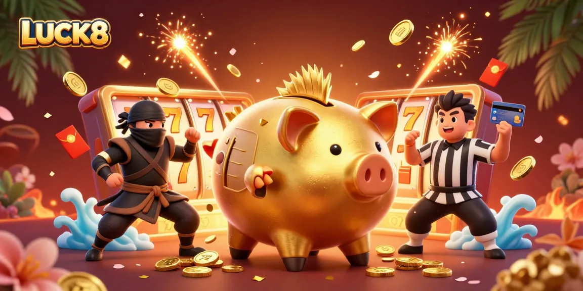 Win big with LUCK8 as a golden piggy bank wrestler stomps coins in a vibrant casino scene.