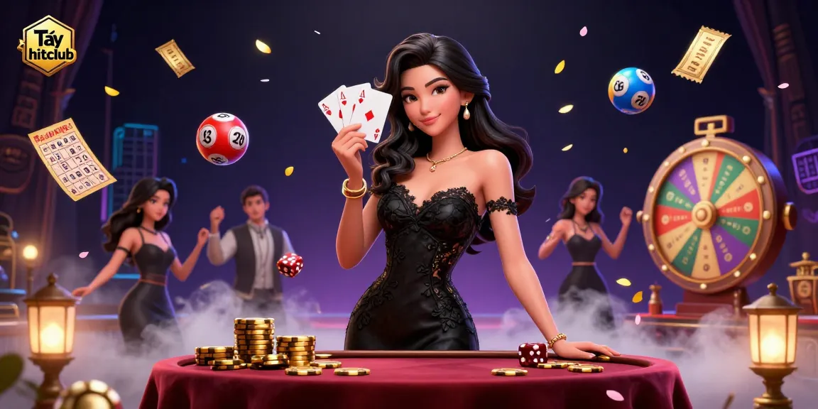 Tải hitclub: Explore this vibrant and dynamic casino scene with colorful elements and an elegant player at its center.