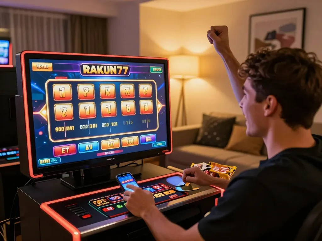 Pemain menikmati kemenangan bahagia di aplikasi slot RAKUN77 di lingkungan rumah yang nyaman, menampilkan gameplay yang hidup.