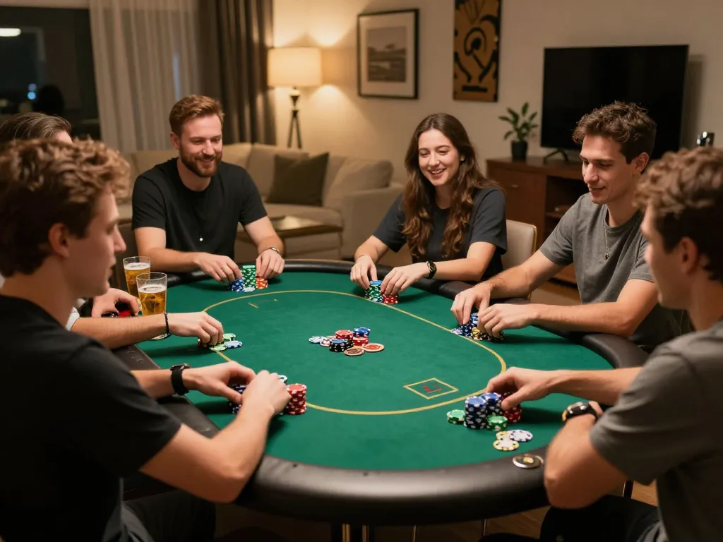 Friends enjoying a lively poker night at home, demonstrating Jun88's engaging gaming atmosphere.