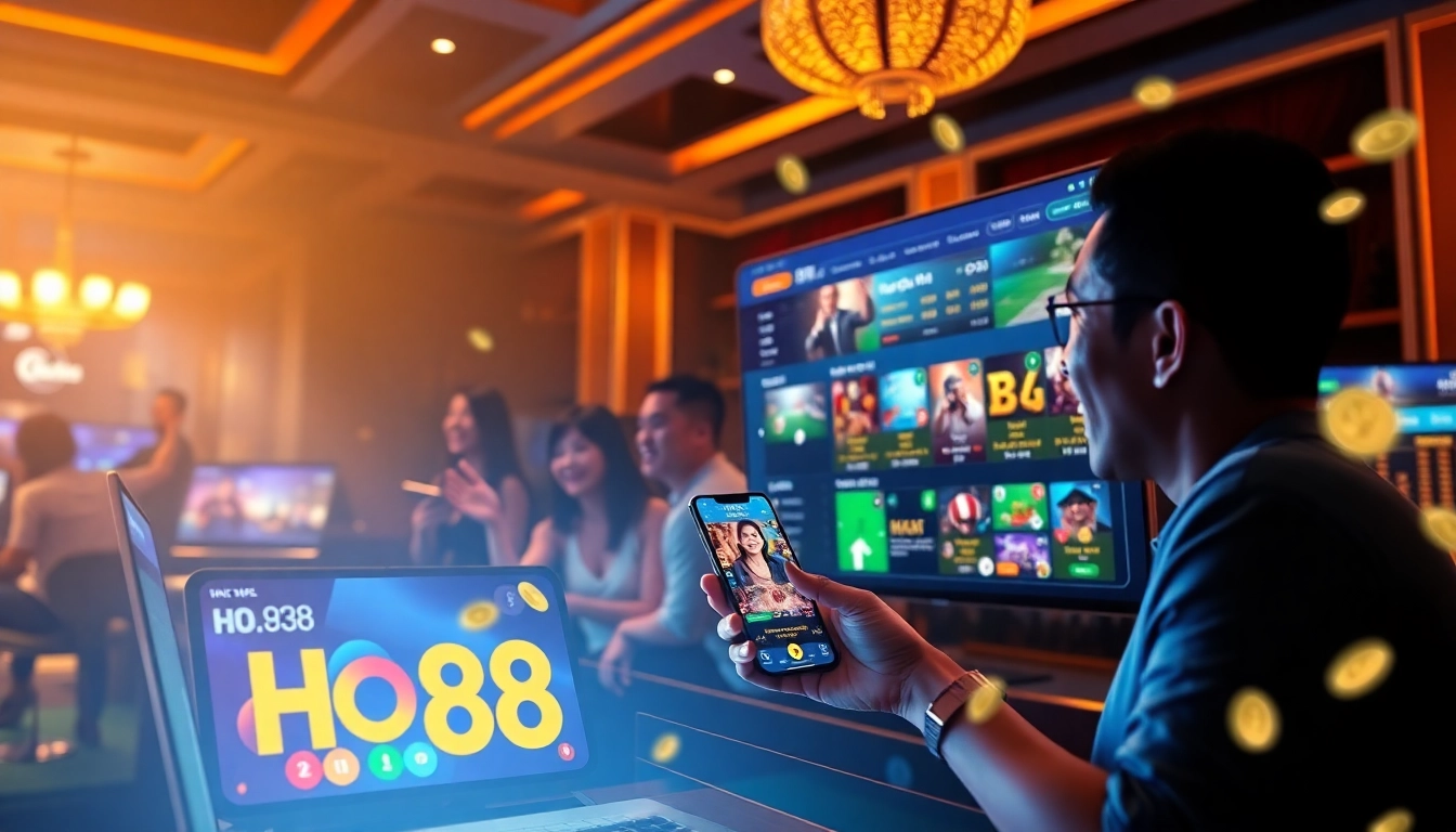Experience the excitement of Ho88 online gambling with vibrant visuals of players enjoying their favorite games.