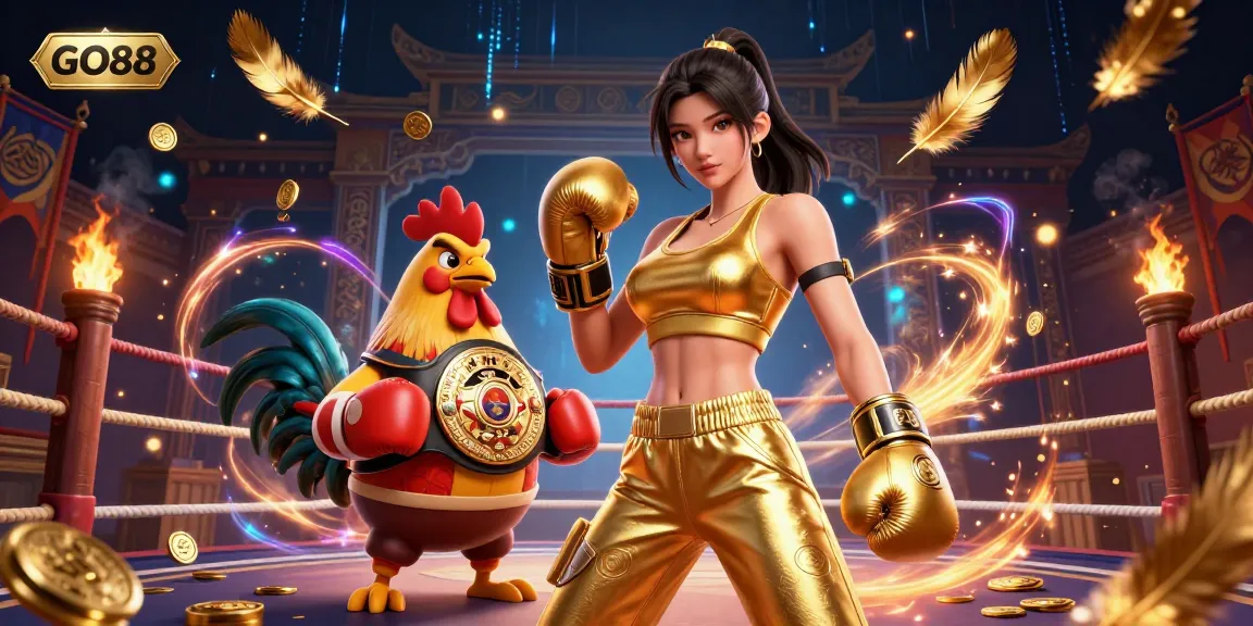 Experience GO88's thrilling atmosphere with a powerful woman and a rooster in a dynamic casino setting.