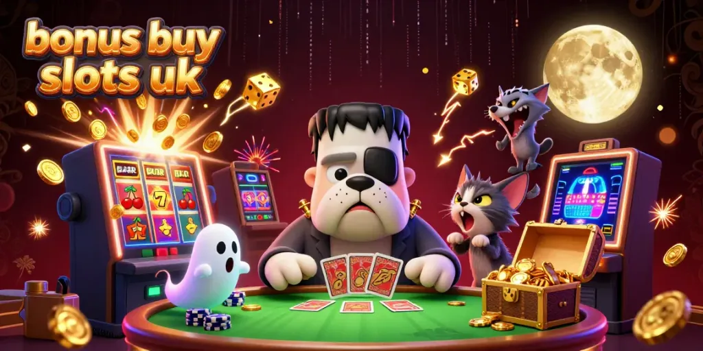 Play engaging bonus buy slots uk with a lively cartoon casino scene featuring iconic gaming elements.