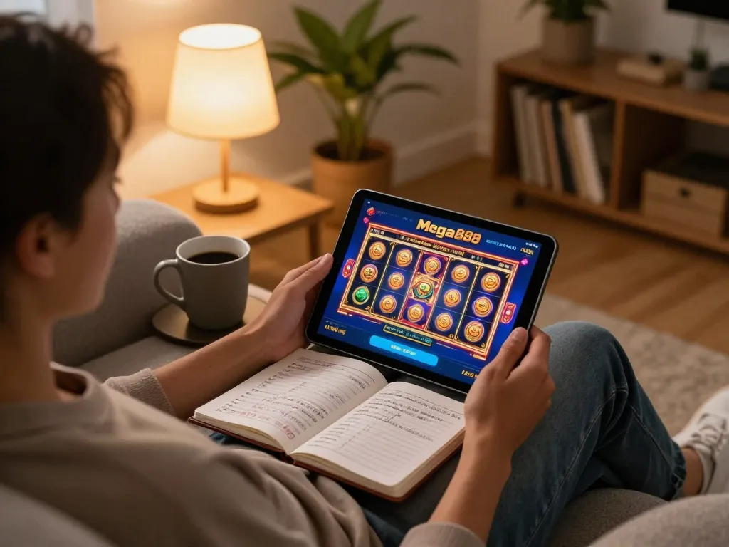 Mega888 apk original download screen displayed on a tablet during a relaxing home gaming session.