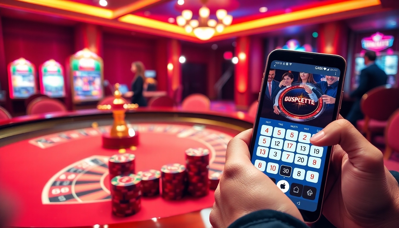 GK88 players enjoying a thrilling casino atmosphere with roulette, poker chips, and a digital gambling app.
