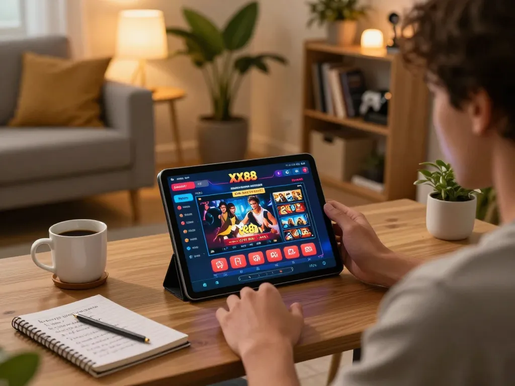 Engaging player using tablet for online casino games at https://xx88.video/ in a cozy home setting, focusing on strategic gameplay.
