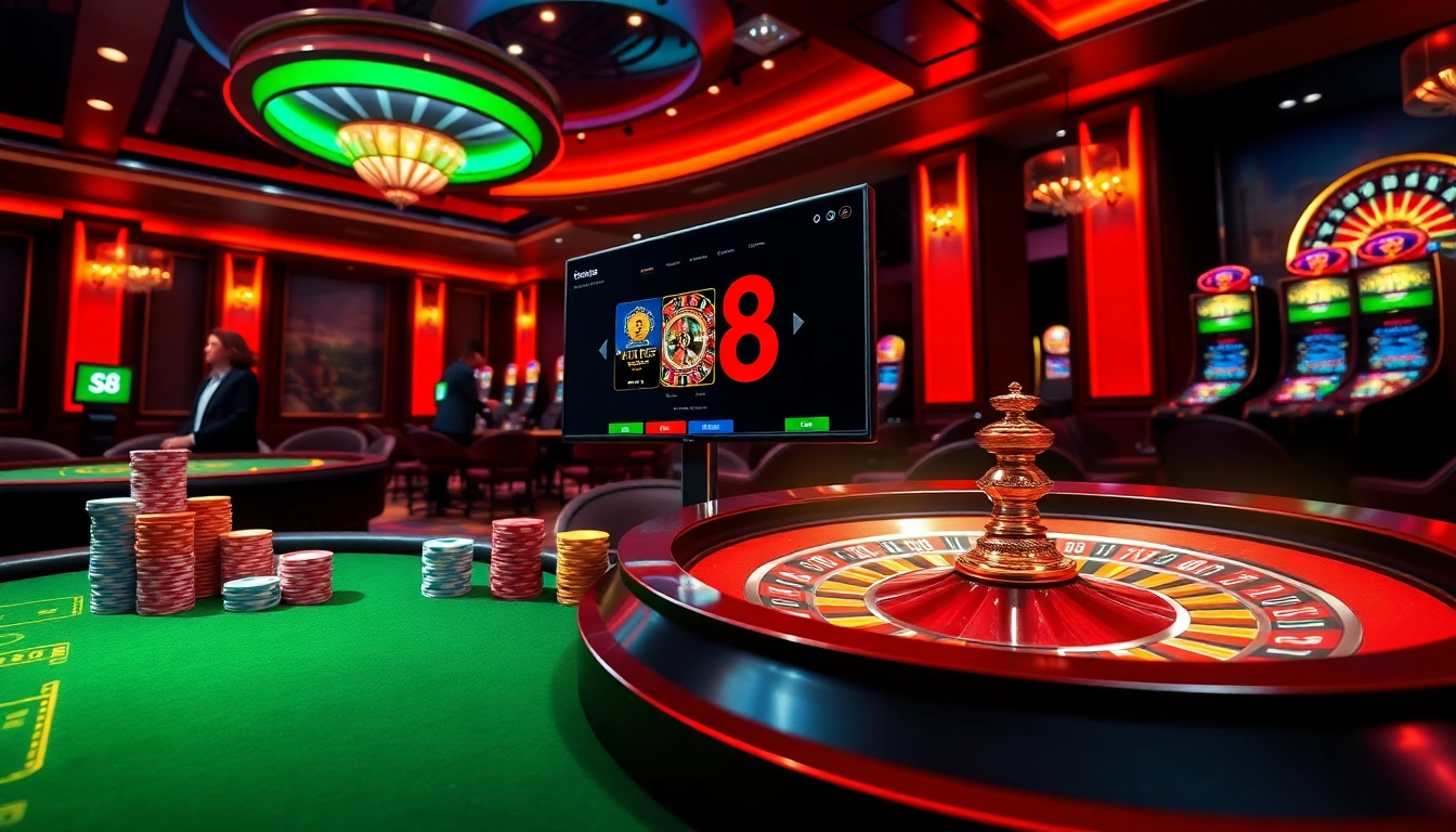 S8 casino scene showcasing vibrant poker tables and luxury slot machines.