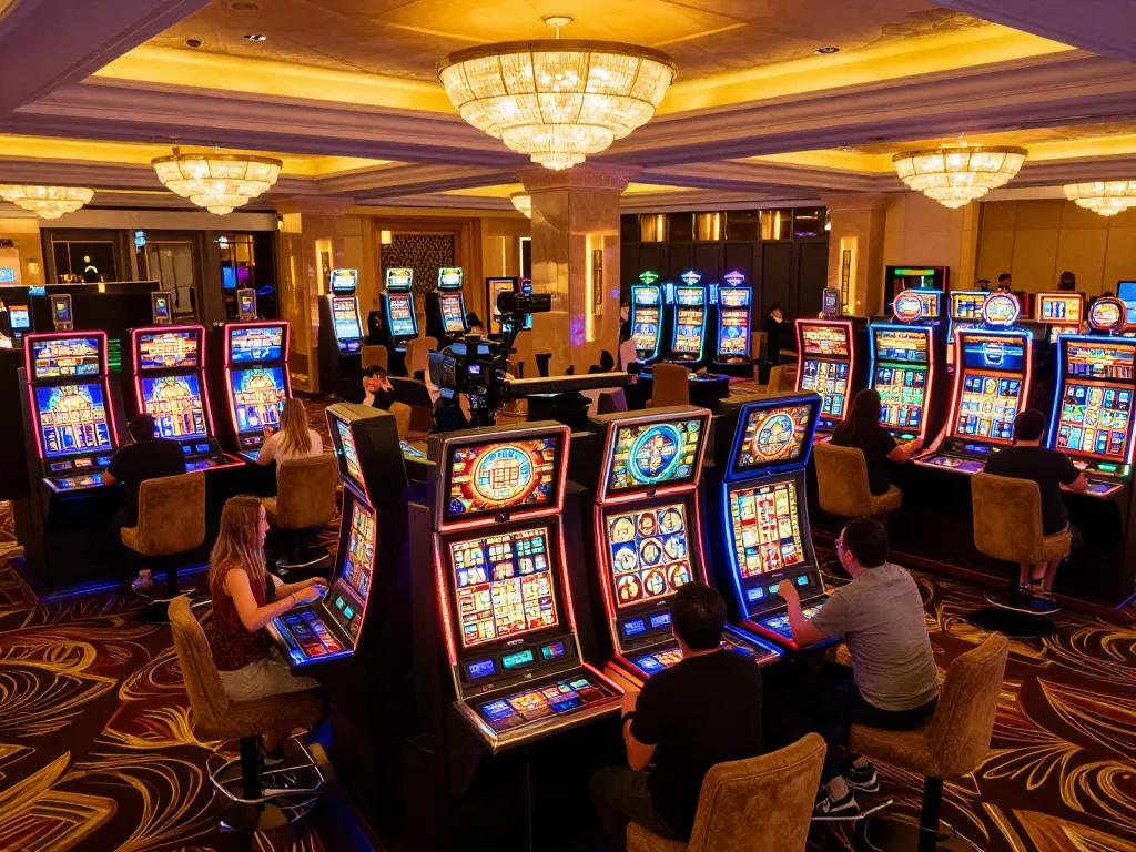 SUNWIN players celebrating a big win at a vibrant casino floor with lively slot machines.