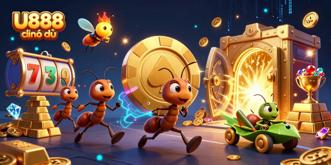 U888 chính thức captures a vibrant heist scene featuring ants with a giant poker chip, enlivened by casino elements.