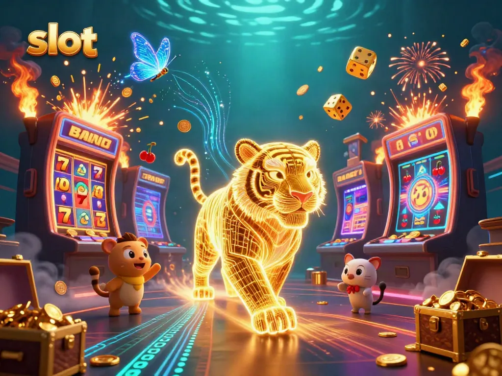 Experience thrilling slot adventures with a golden tiger and vibrant jackpots in a dynamic casino.
