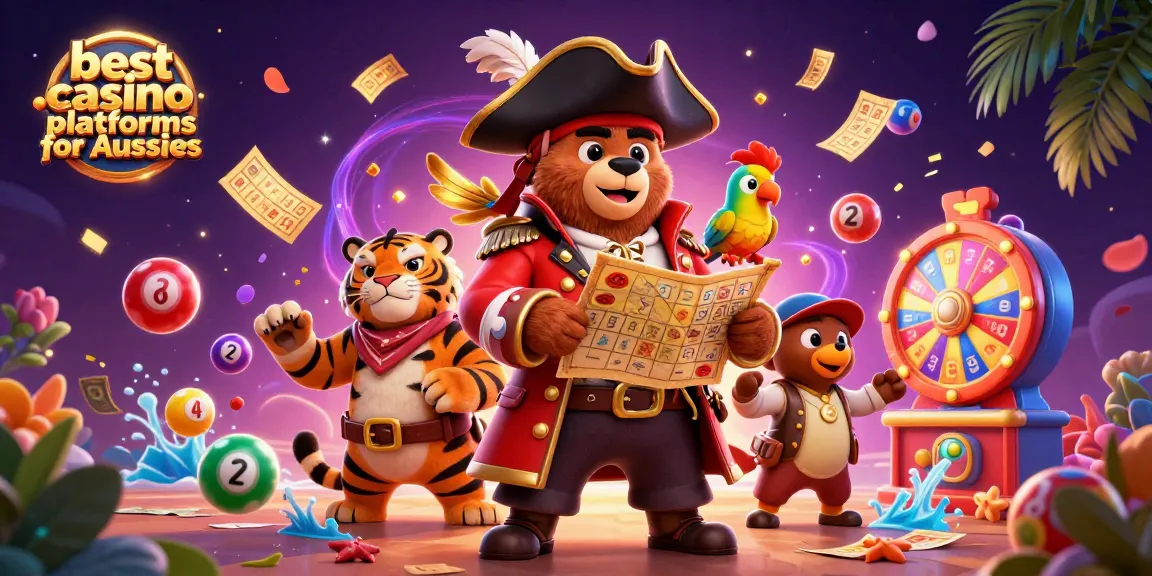 Engaging scene showcasing the best casino platforms for Aussies with vibrant lottery elements and pirate characters.