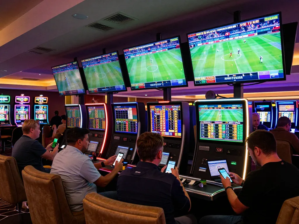Bsport bettors analyzing odds on smartphones while enjoying live sports events in a vibrant casino.
