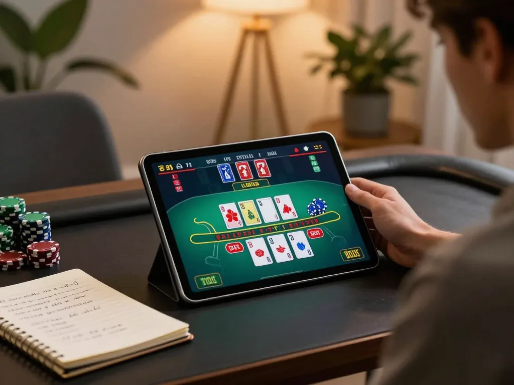 Gambler enjoying an exciting to188 online blackjack game on tablet while analyzing strategies.