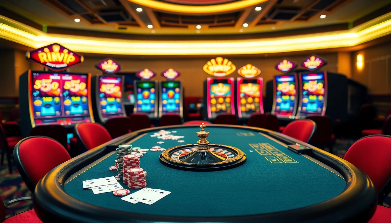 Experience thrilling gaming at Rikvip with vibrant roulette and poker tables.