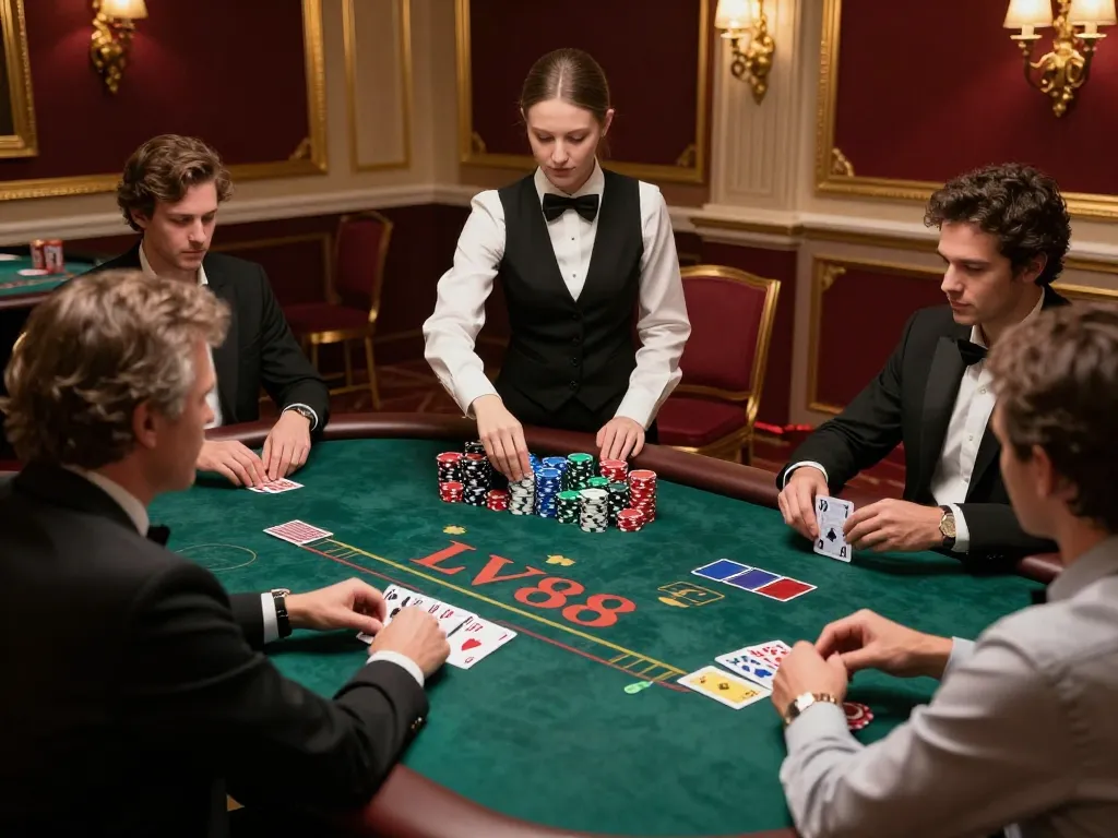 Experience high-stakes gameplay at LV88's blackjack table with intense players and luxurious ambiance.