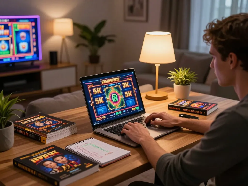 Engaging in thrilling slot 5k games from the comfort of home desk, laptop displaying vibrant slot graphics.
