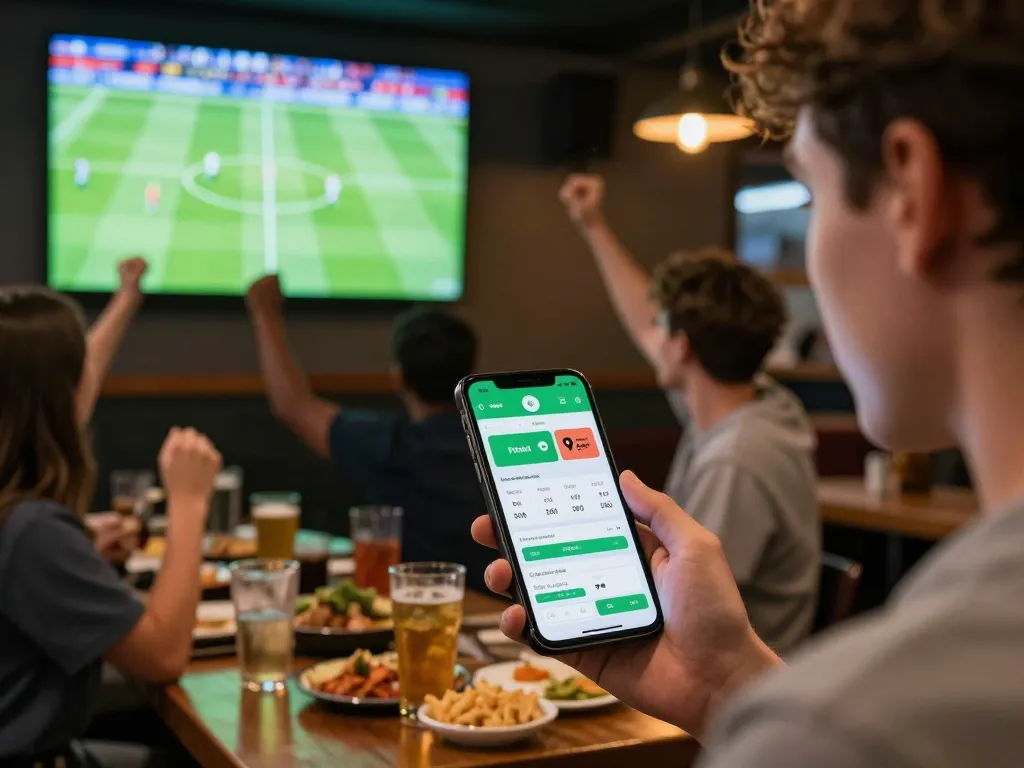 Engaging moment of sports betting at a bar with kèo nhà cái displayed on a smartphone.