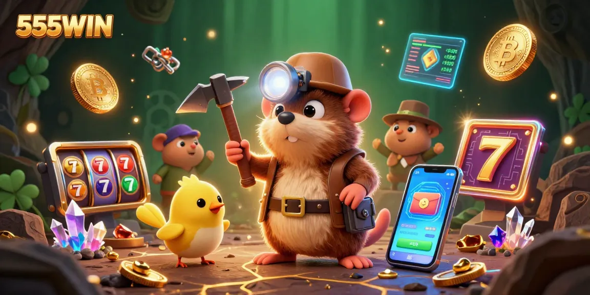 Experience 555WIN's thrilling jackpots as cartoon characters mine treasures in a vibrant casino scene.