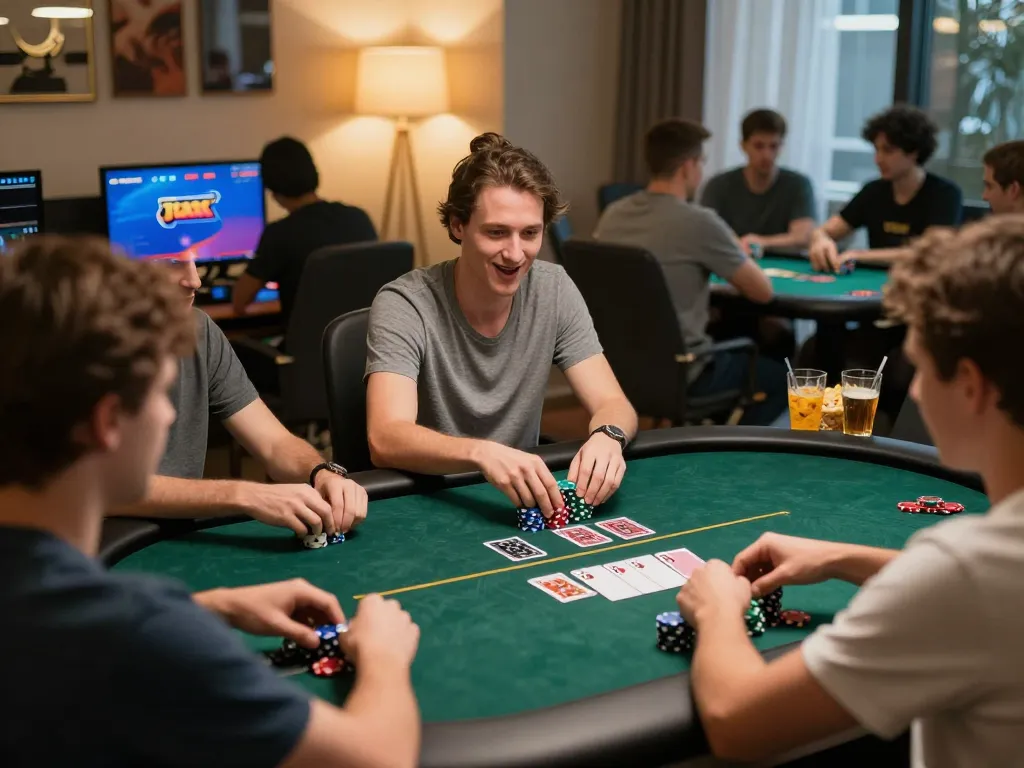MM99 players strategizing over a Texas Hold'em game in a cozy online setting