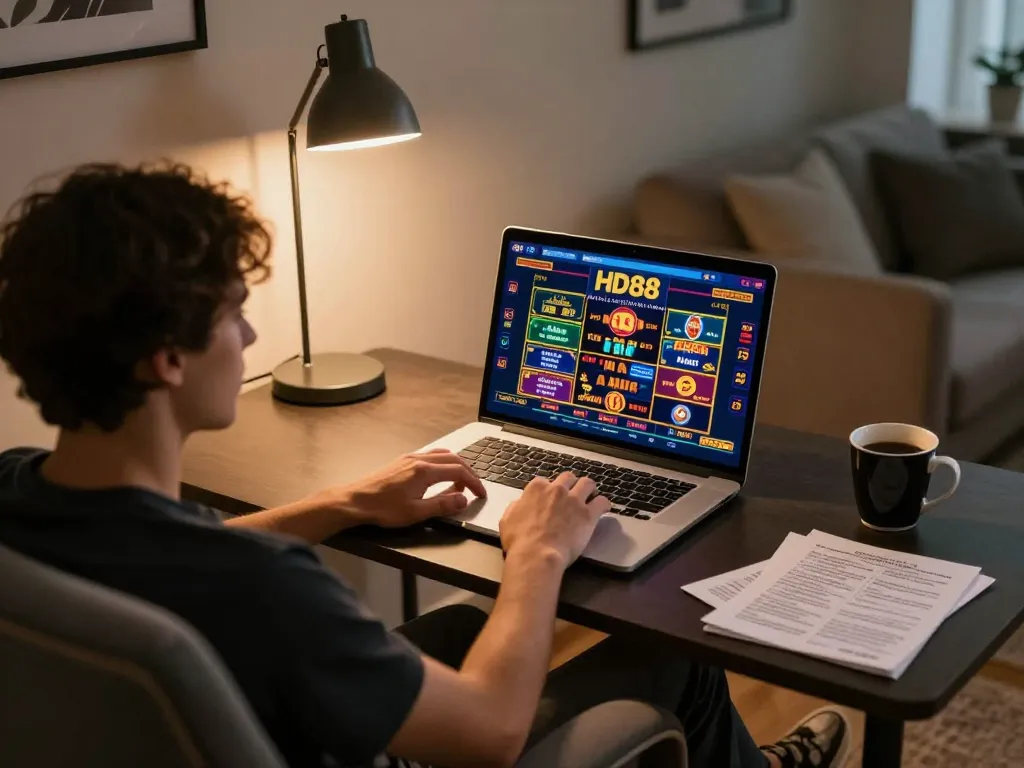 Engaging online gaming experience with HD88 casino setup at home featuring vibrant game graphics.