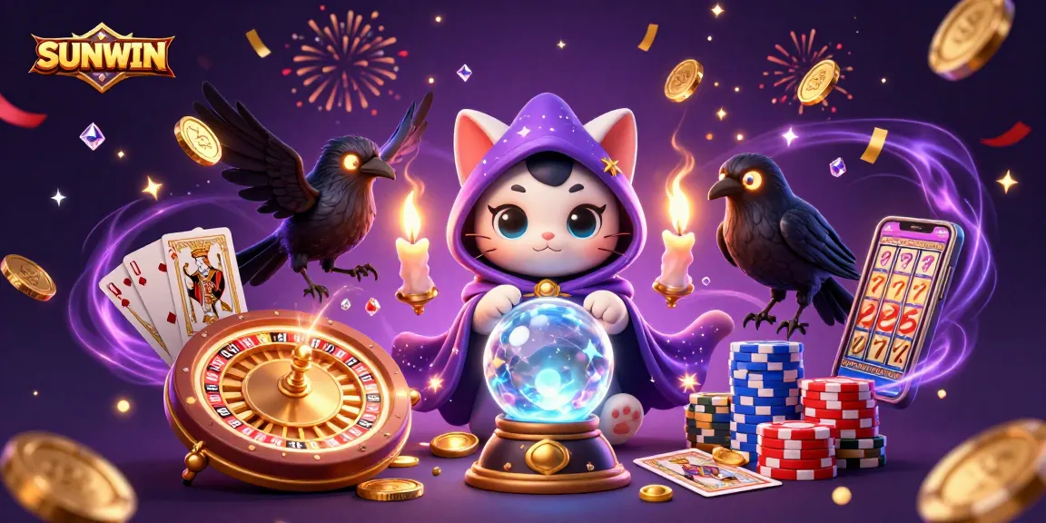 SUNWIN captivating scene with a fortune teller cat, glowing raven, and casino elements celebrating wins