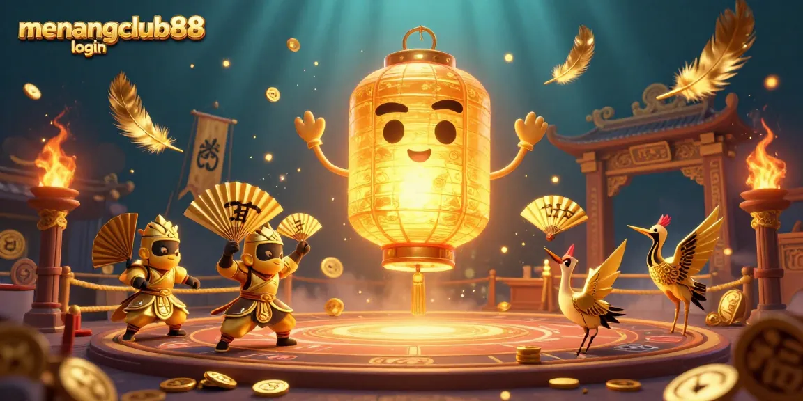 A dynamic casino scene showcasing the menangclub88 login with a glowing lantern spirit and golden companions, rich in vibrant gambling symbols.
