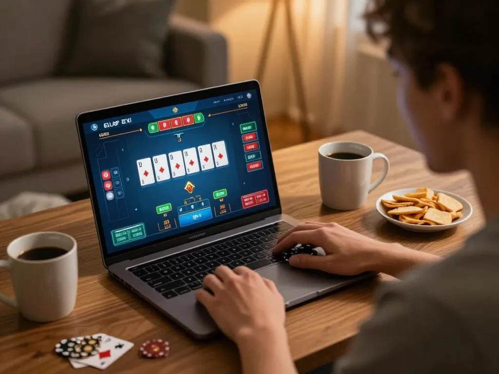 Pemain SN2121 yang terlibat dalam permainan poker online dengan laptop dan cangkir di lingkungan yang nyaman