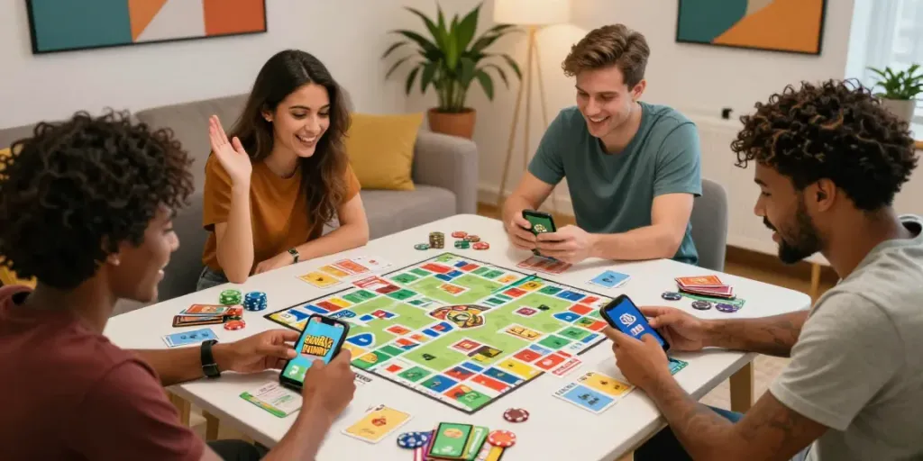 Group enjoying Rumble Rummy in a cozy living room setting.