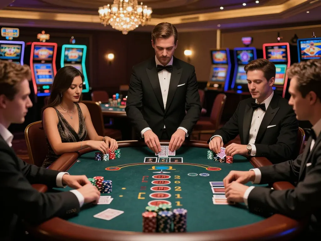 Players strategizing at 789win blackjack table, showcasing vibrant casino ambiance.