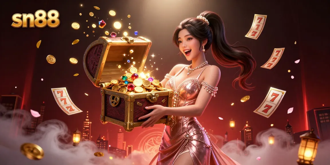 Experience sn88's thrilling casino world with a stunning scene featuring golden treasures and vibrant gaming elements.