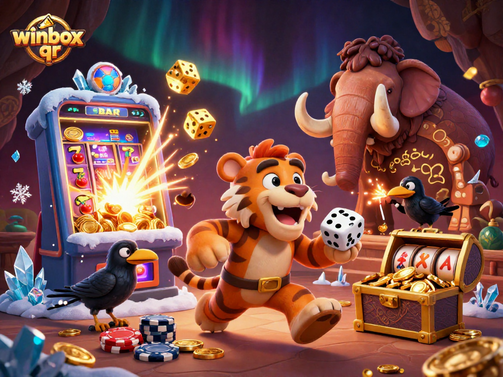 Engage with winbox qr at a lively prehistoric casino featuring cartoon characters and dynamic gaming elements.