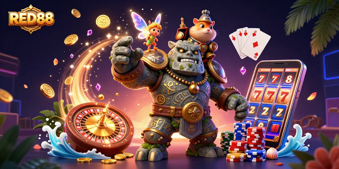 Join the treasure hunt at RED88 with an enchanting golem, fairy, and brave hamster knight in a vibrant casino scene.