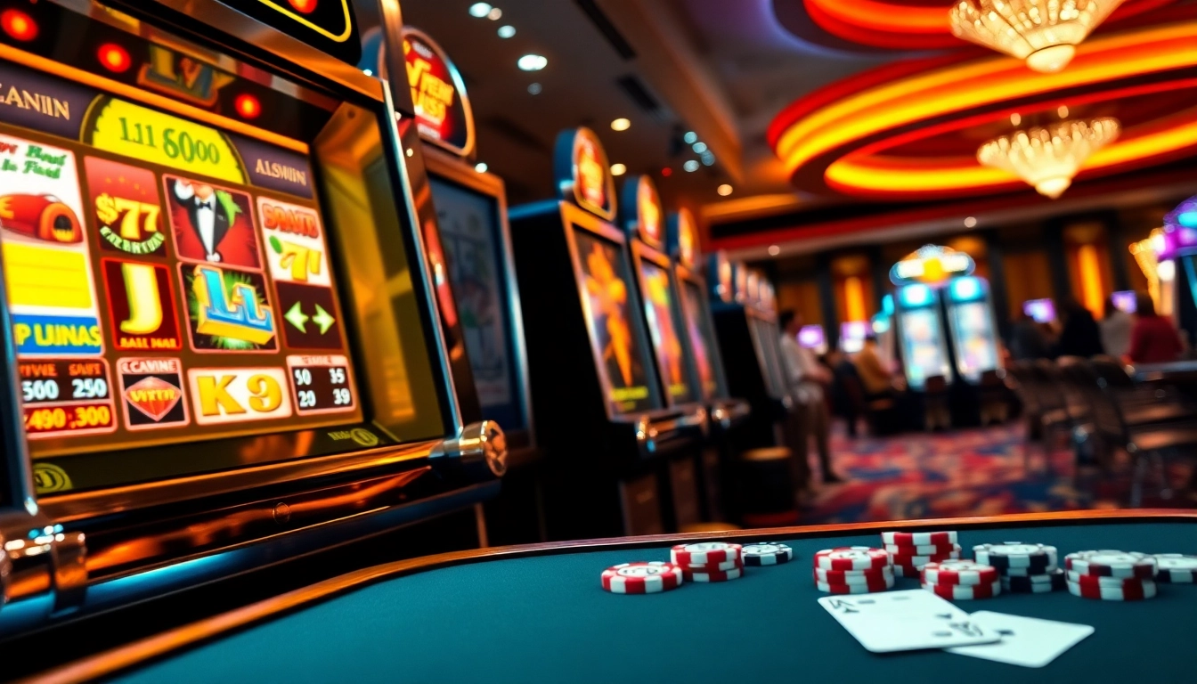 Mesin slot yang menarik di pengaturan kasino mewah yang menampilkan gulungan yang cerah dan permainan yang mendebarkan.