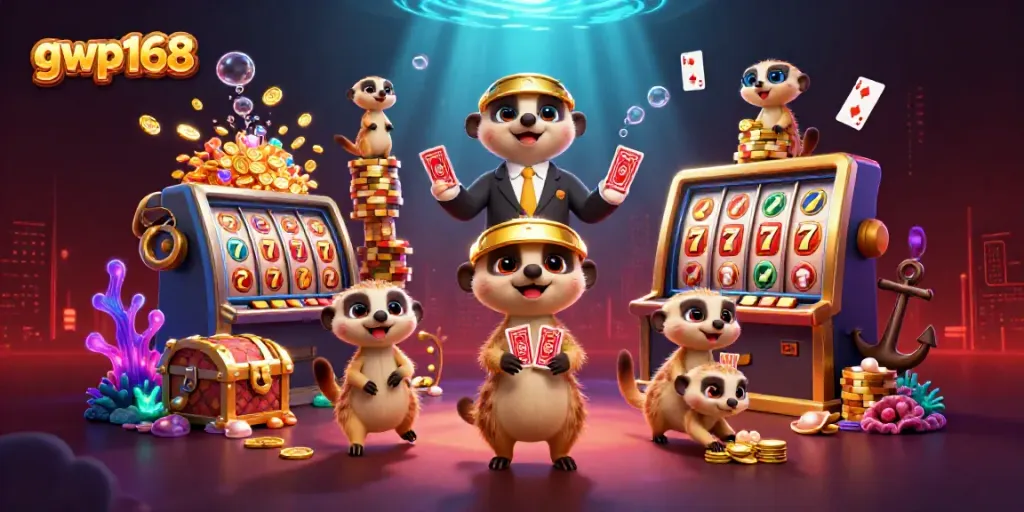 GWP168 menampilkan koloni meerkat yang sibuk dengan operasi kasino, memutar slot dengan gemerlap koin emas.
