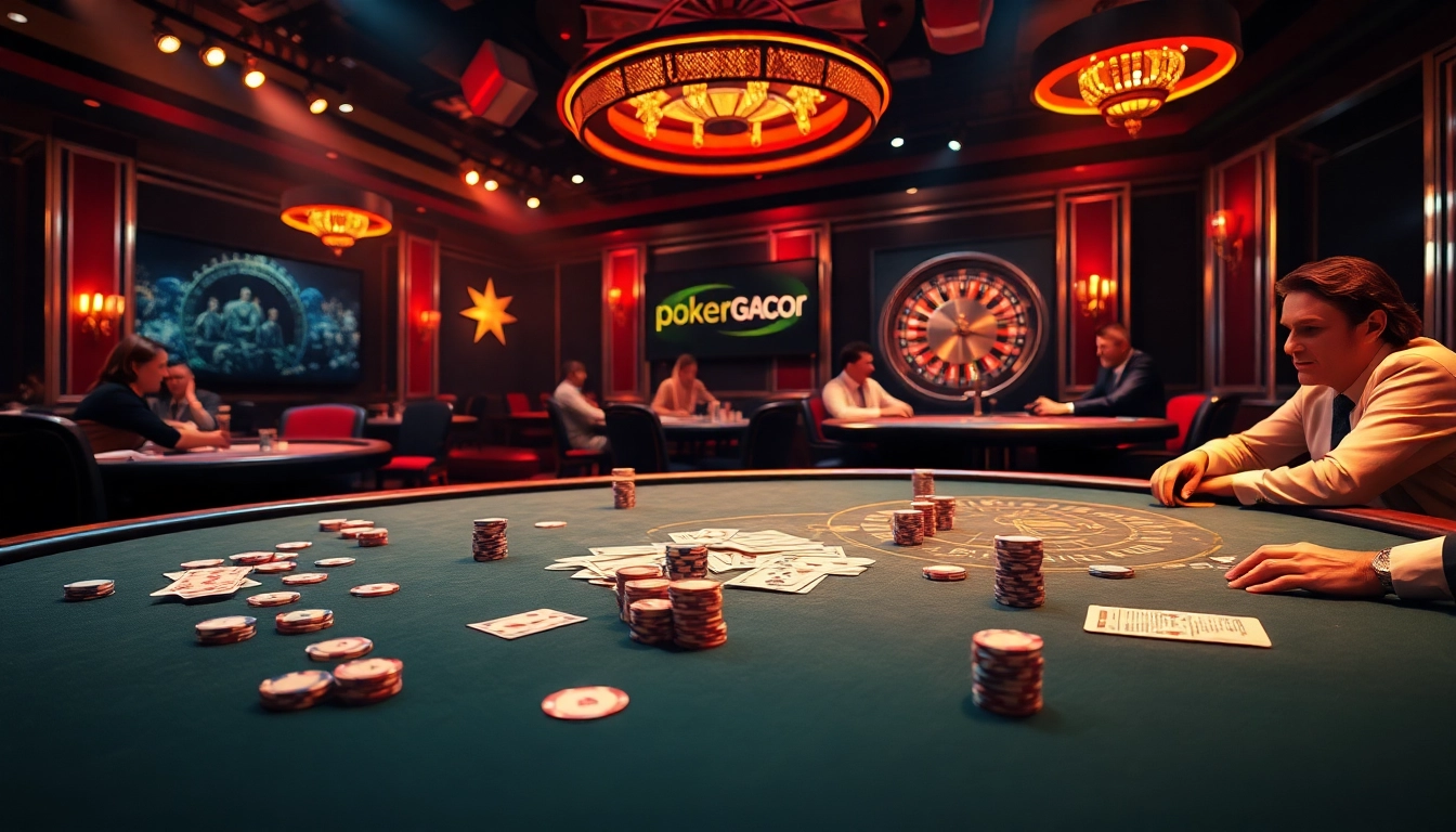 Experience the excitement of pokergacor with players engaged at luxurious poker tables featuring cards and chips.