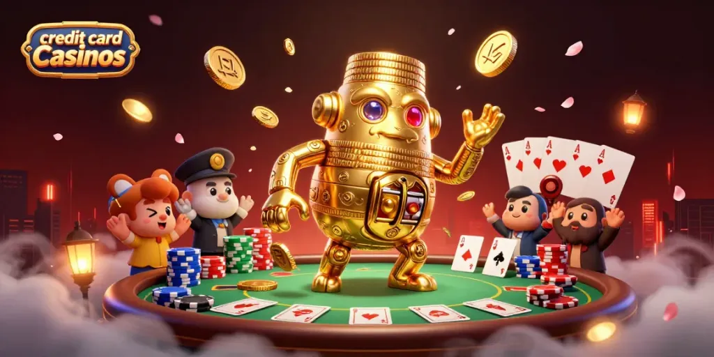 Engage with vibrant scenes from credit card casinos showcasing a golden golem and poker elements.