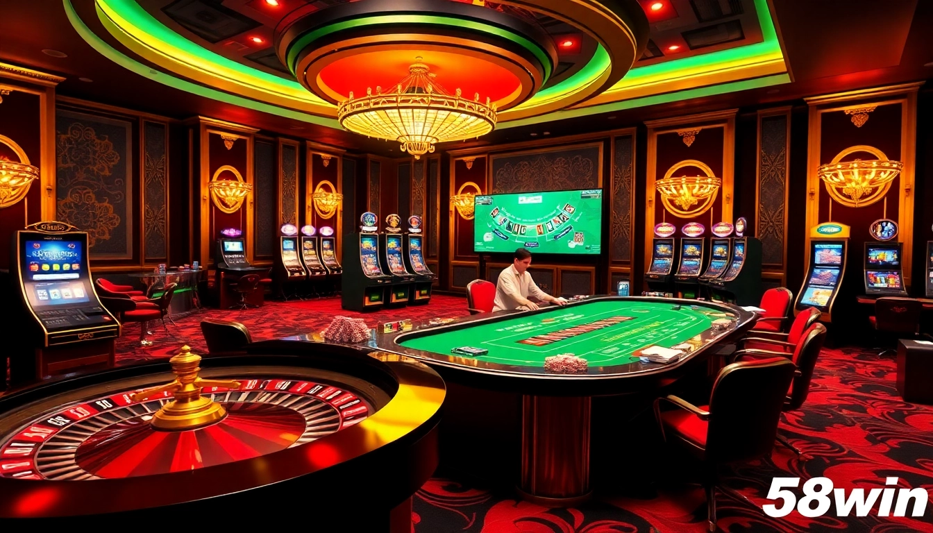 Experience the thrill of 58win with vibrant casino visuals featuring roulette, poker, and excitement.