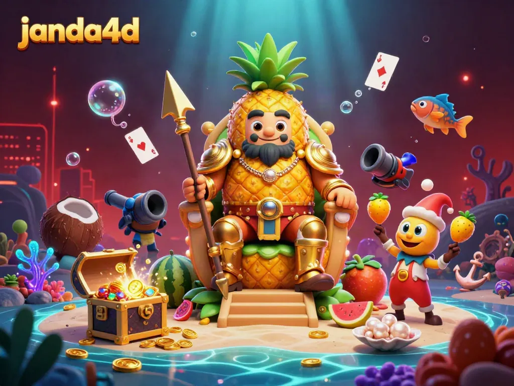 Menghadirkan janda4d dalam ilustrasi 3D kartun, di mana raja nanas emas duduk di takhta buah dikelilingi oleh prajurit kelapa dan badut mangga di kasino pantai.