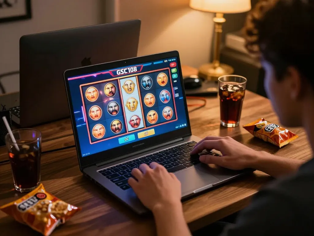 Engaging with Gsc108 on a laptop, showcasing vibrant slots in a cozy gaming setup