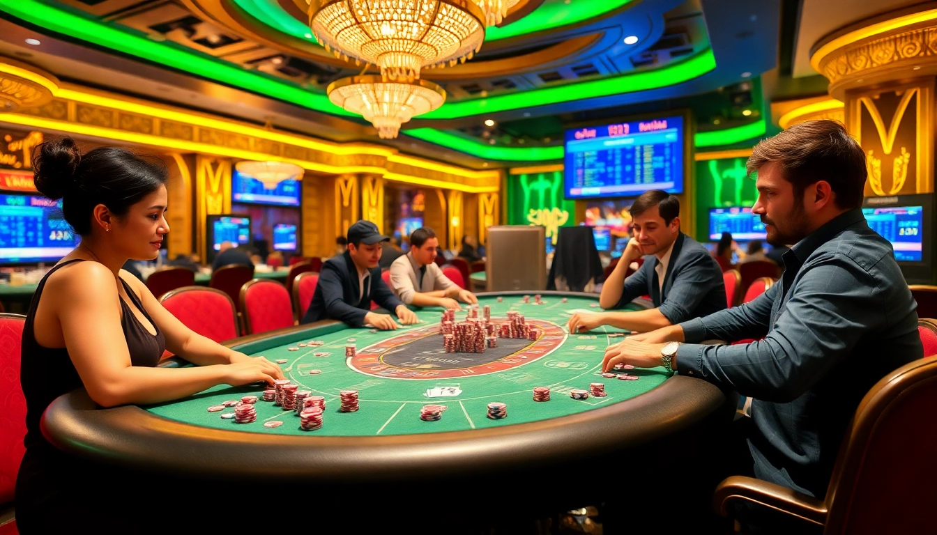 Experience high-stakes poker at 32WIN's luxurious casino table surrounded by excitement.
