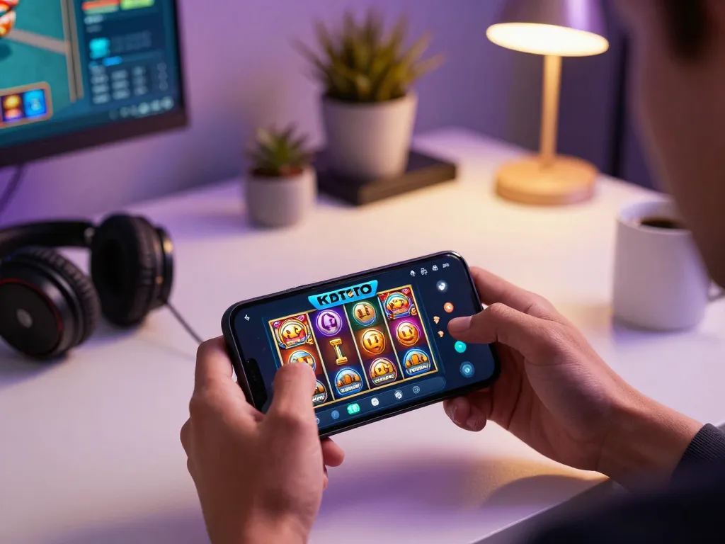 KDTOTO player engaging with mobile gambling app for thrilling slot games in a cozy home environment