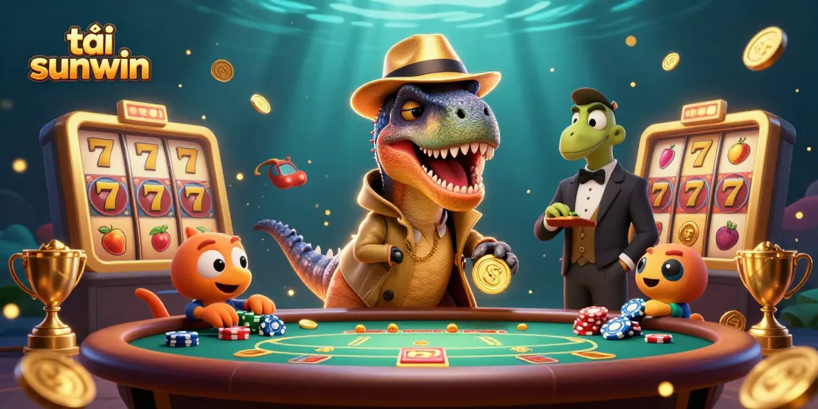 Engage with tải sunwin in this vibrant scene featuring a velociraptor card counter and playful elements.