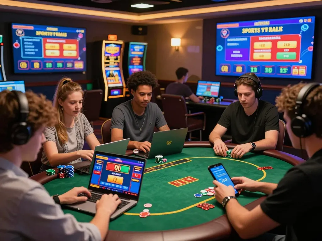 An enthusiastic group of players engaging with sc88's vibrant online gambling platform, showcasing various games and exciting promotions.