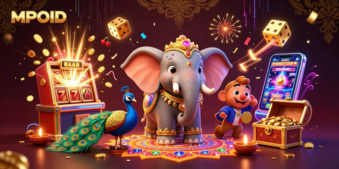 Experience high-energy gaming with MPOID's vibrant slot machine and festive elements capturing the casino excitement.