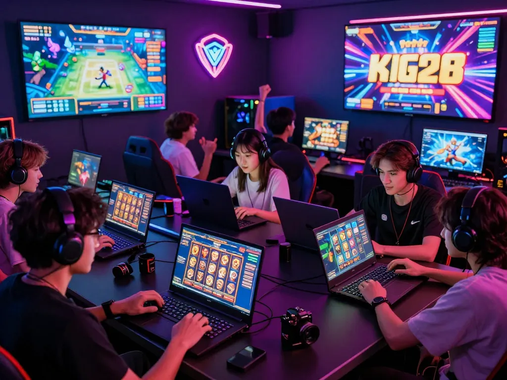 Engaged players enjoying barcaslot digital gaming in a vibrant gaming lounge.