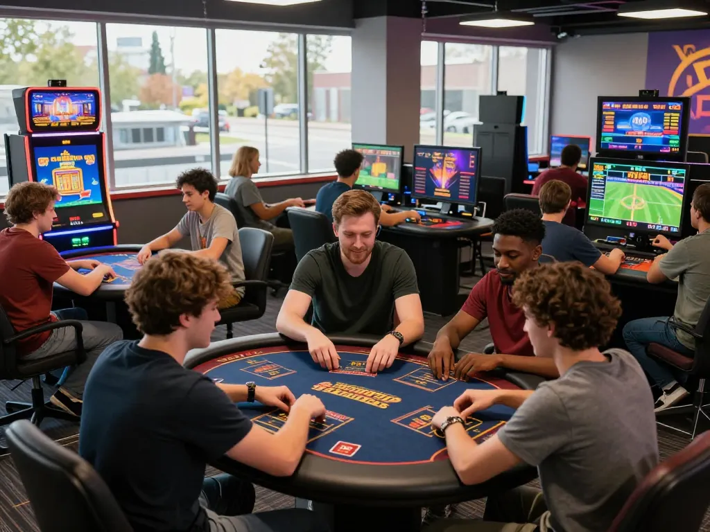 Kuwin engaging online gaming scene with players at card tables and slots.