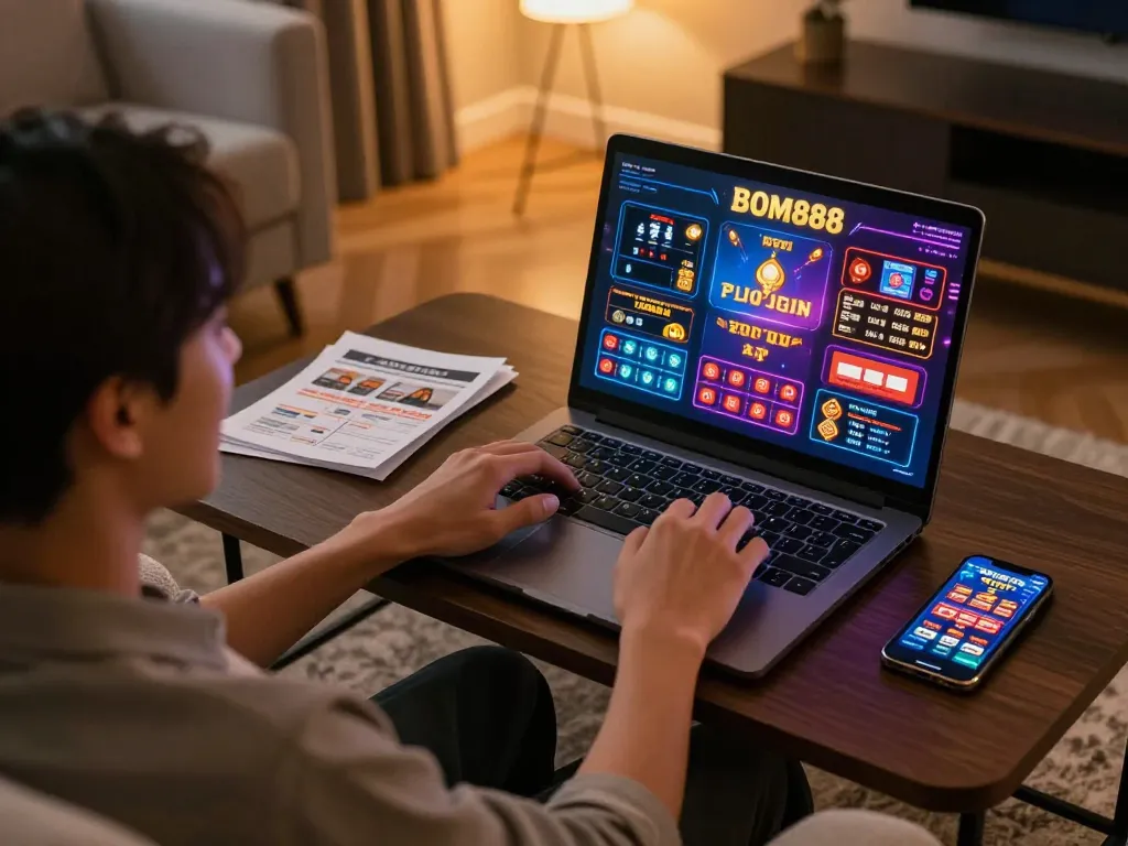 Pemain BOM88 menikmati sesi permainan online yang menarik dengan antarmuka kasino yang cerah di laptop