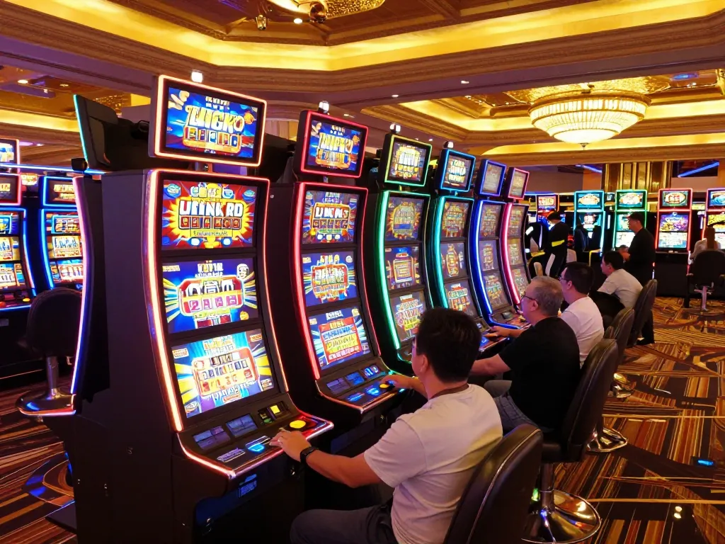 Players enjoying link slot machines at a vibrant Las Vegas casino, highlighting gaming excitement.