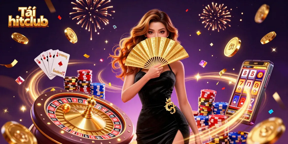 Tải hitclub and enjoy thrilling gameplay with a stunning illustration showcasing glamorous casino elements and rich rewards.