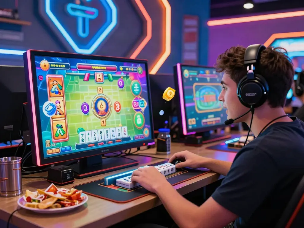 Pengguna bermain game slots Mahjong118 dengan semangat di perangkat modern, dikelilingi cahaya LED cerah.
